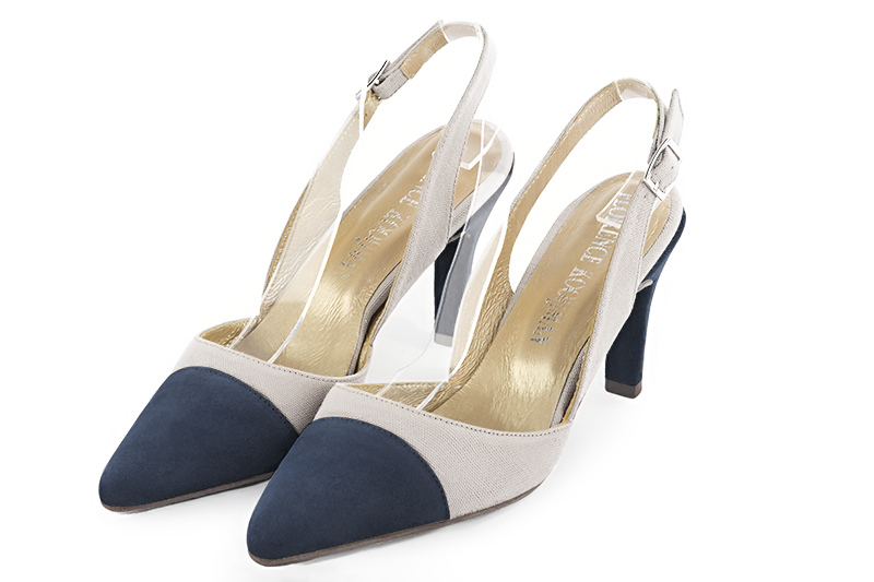 Navy blue and pearl grey women's slingback shoes. Tapered toe. High slim heel. Front view - Florence KOOIJMAN